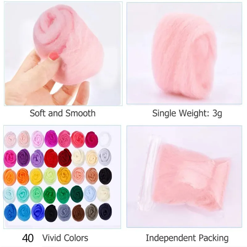 Nonvor 40 Цвета Шерсть ровинг иглы для валяния набор начинающих комплект волокна