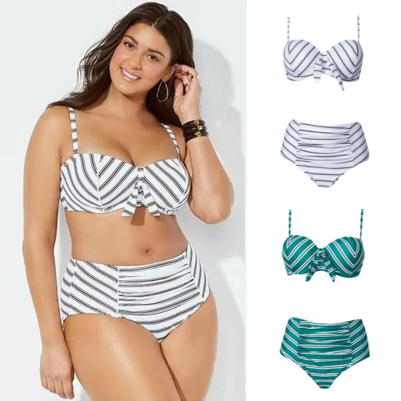 Женский бандажный комплект бикини большого размера с полосатым принтом