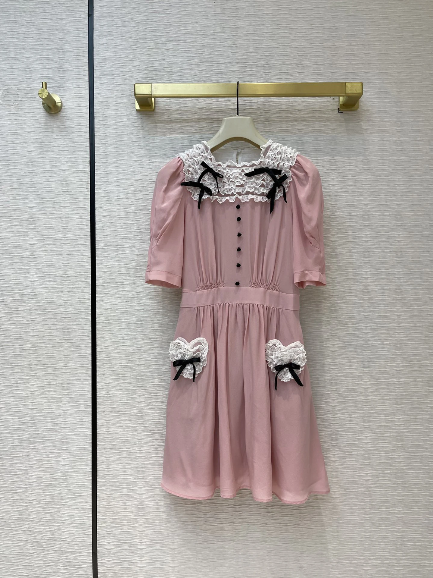 

fashion 2021 new ladies short sleeve square neck bow tie lace pink silk dress 0113