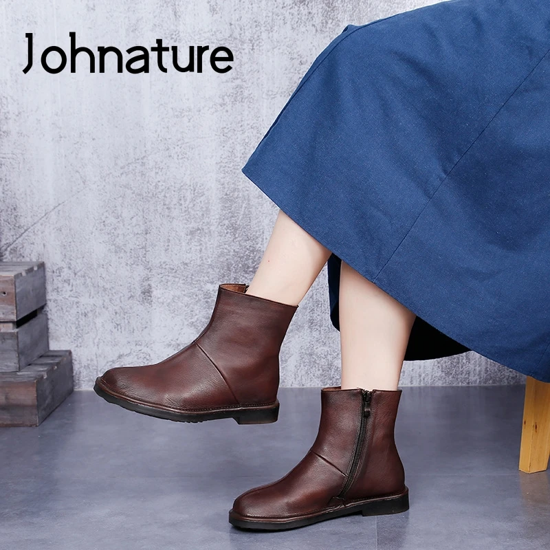 

Женские ботинки в стиле ретро Johnature, ботильоны из натуральной кожи на платформе, с круглым носком, на плоской подошве, с застежкой-молнией, дл...