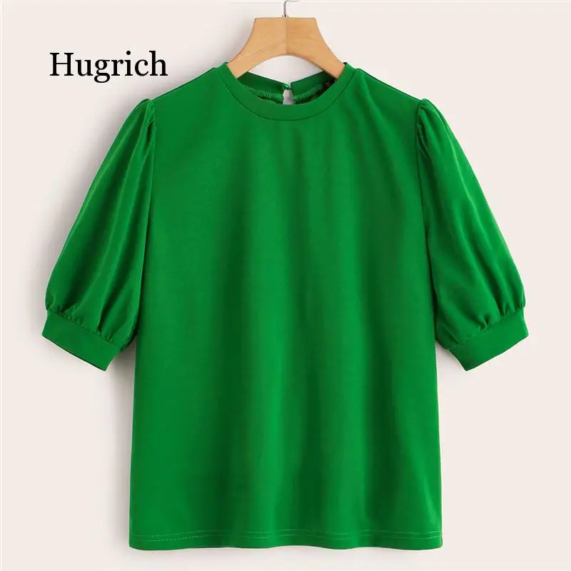 

Ladies Casual Green Puff Sleeve Keyhole Back Solid Top And Blouse Women 2021 Summer Half Sleeve Elegant Blouses