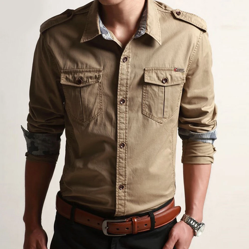 Мужская Уличная хлопковая рубашка с длинным рукавом в стиле милитари