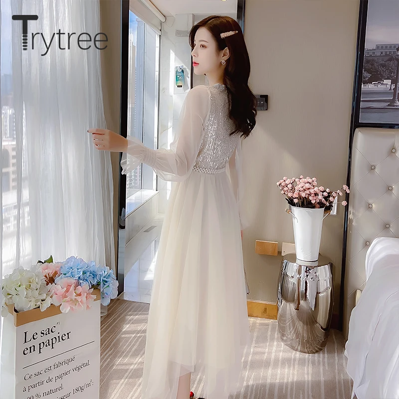 Trytree 2020 весеннее женское Повседневное платье с v образным вырезом расклешенными