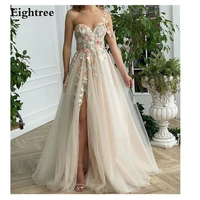 eightree spaghettti straps side slit princess ball gown wedding dresses flower appliques sweetheart beach bridal gowns