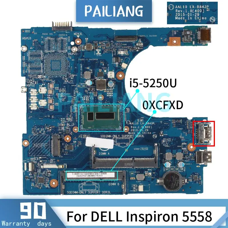 

I5-5250U для DELL Inspiron 5558 5458, материнская плата для ноутбука, CN-0XCFXD 0XCFXD, LA-B843P SR26C, DDR3, проверено полностью