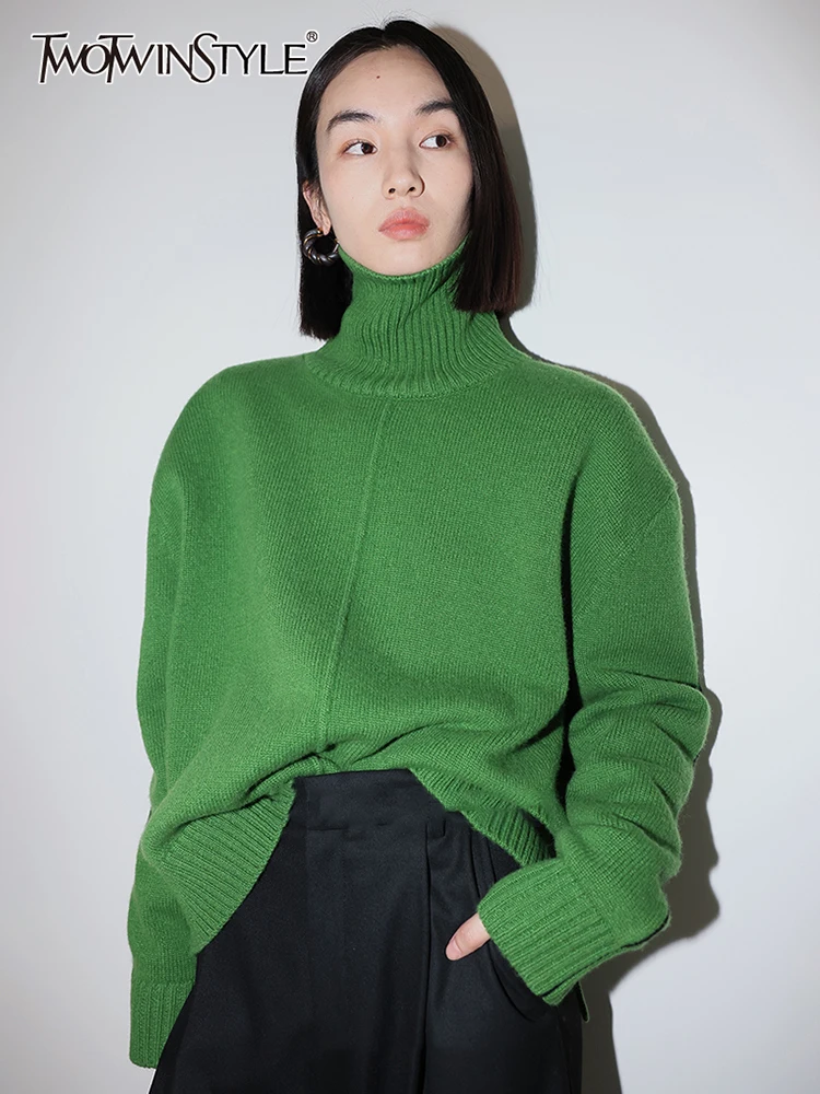 

TWOTWINSTYLE Casual Slim Solid Temperament Minimalist Sweater For Women Turtleneck Long Sleeve Pullovers Female 2021 Autumn New