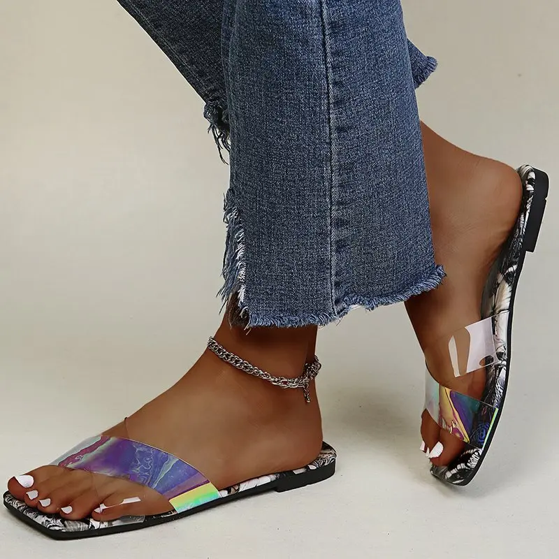 

Slippers Women Summer Sandals Flat Shoes Cross Transparent Straps Butterfly Print Slippers 2021 New Beach Open Toe Flip Flops