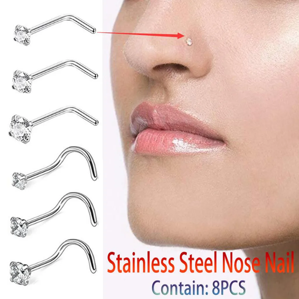 

8pc Stainless Steel Nose Ring Crook Nose Body Piercing Jewelry Diamond Nose Stud Nosesimple Nose Ring Jewelry 2021