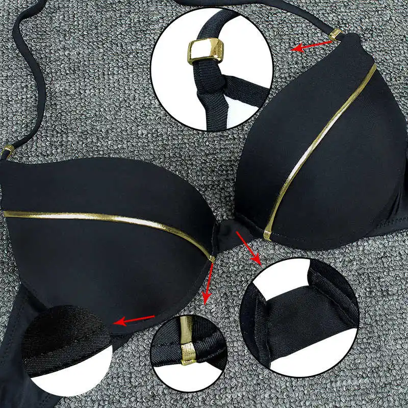 

Plus Size Sexy Solid Black Bikini 2021 Swimsuit Push Up Bikinis Set Swimwear Women Beachwear Bathing Suit Two Piece Biquini XL