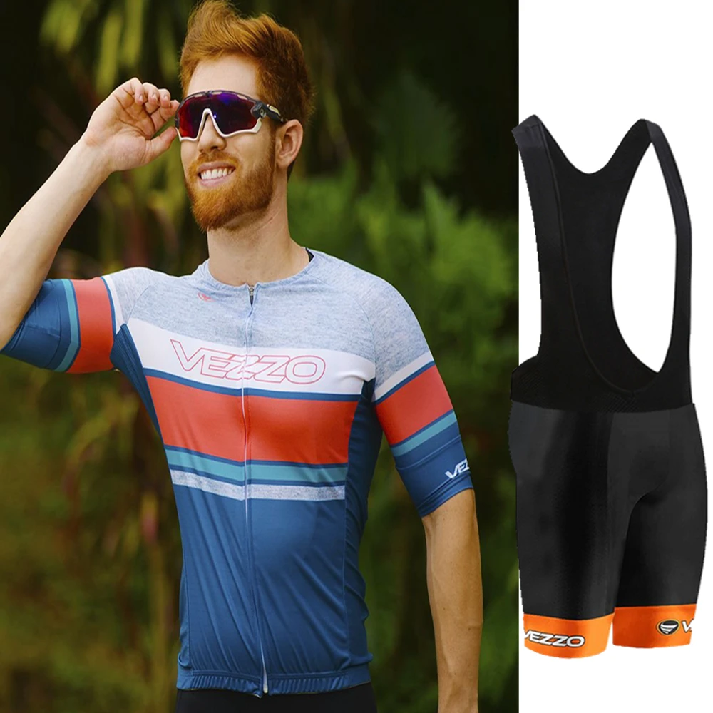 

VEZZO Summer Men's Cycling Jersey Set Anti-UV Sleeve Suit Clothes Bike Ciclismo Ropa De Hombre Gel Breathable Pad Bib Shorts