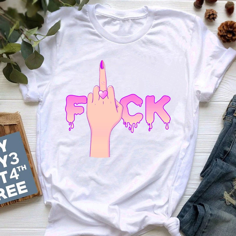 

2021Summer Middle Finger Fashion Print Ladies Top T-Shirt Street Style Casual Short-Sleeved Summer Plus Size T-Shirt Women