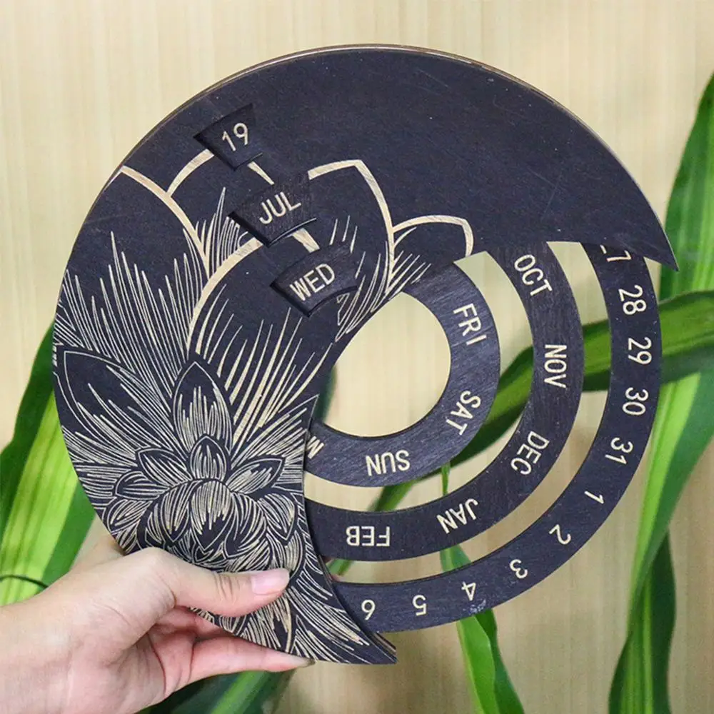 

1Pcs Wooden Round Turntable Calendar Desktop Creative Wooden Wall Calendar Wall Hanging Crafts Decorative Classic Gift