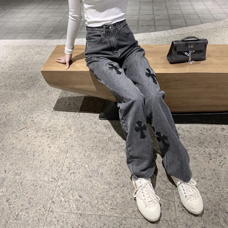 

New Black Applique Crucifix Jeans For Women 2021 gray Chrome Jeans Homme Loose Boot-cut Hearts Pants Moto Trouse