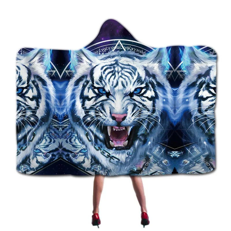 Зимнее теплое одеяло с принтом тигра и животных переносное капюшоном для дома