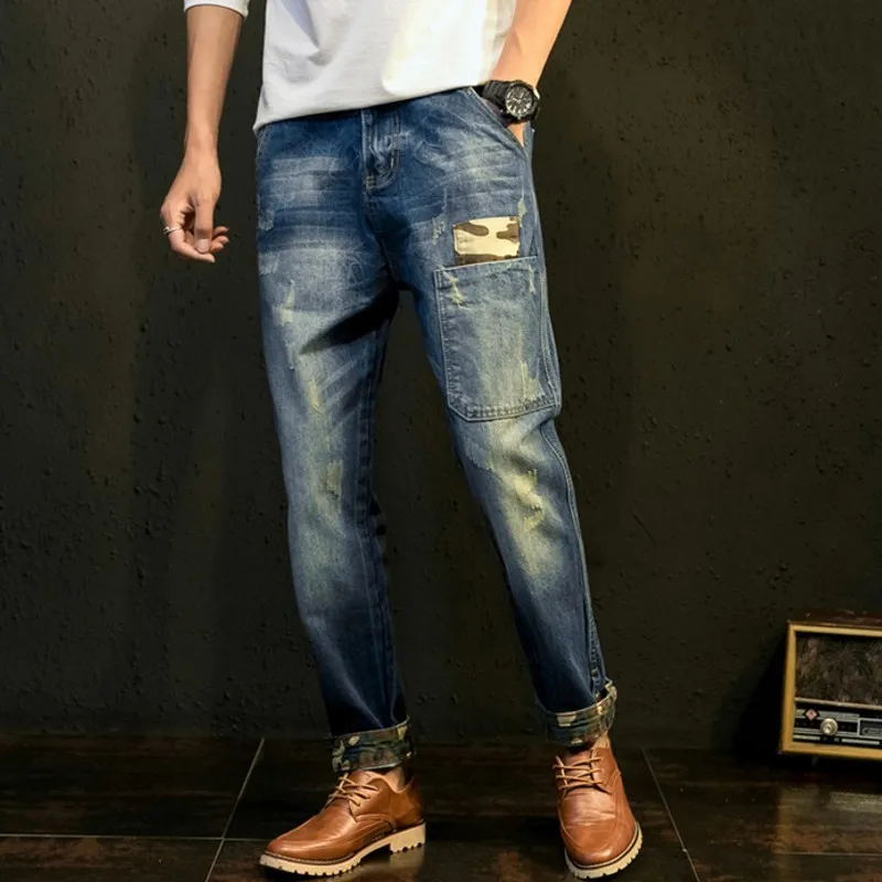 Джинсы мужские на молнии свободные штаны в стиле Харадзюку рваные брюки милитари