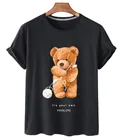 Трикотажная пряжа, рисунок с милым медведем хлопок, с короткими рукавами и круглым вырезом, Свободный Повседневный Топ, женская футболка большого размера, для мужчин и женщин, S-3XL