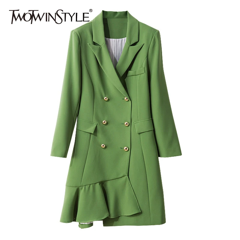 

TWOTWINSTYLE Minimalist Solid Blazer Mini Dress For Women Notched Long Sleeve Straight Loose Fold Pleated Dresses Women 2021 New