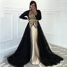 Black Moroccan Kaftan Caftan Muslim Evening Dresses A-line Long Sleeves Appliques Lace Dubai Arabic Turkey Abaya Islamic Gown (3)