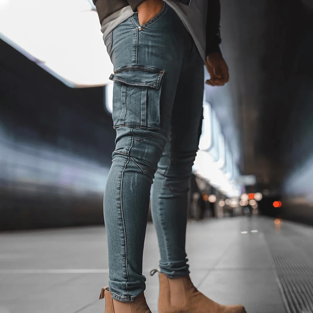 

Skinny Jeans Men Casual Pocket Pencil Pants Jeans Men Clothing Fashion Jogger Denim Pants Ropa Hombre Denim Cargo Pants Jeans