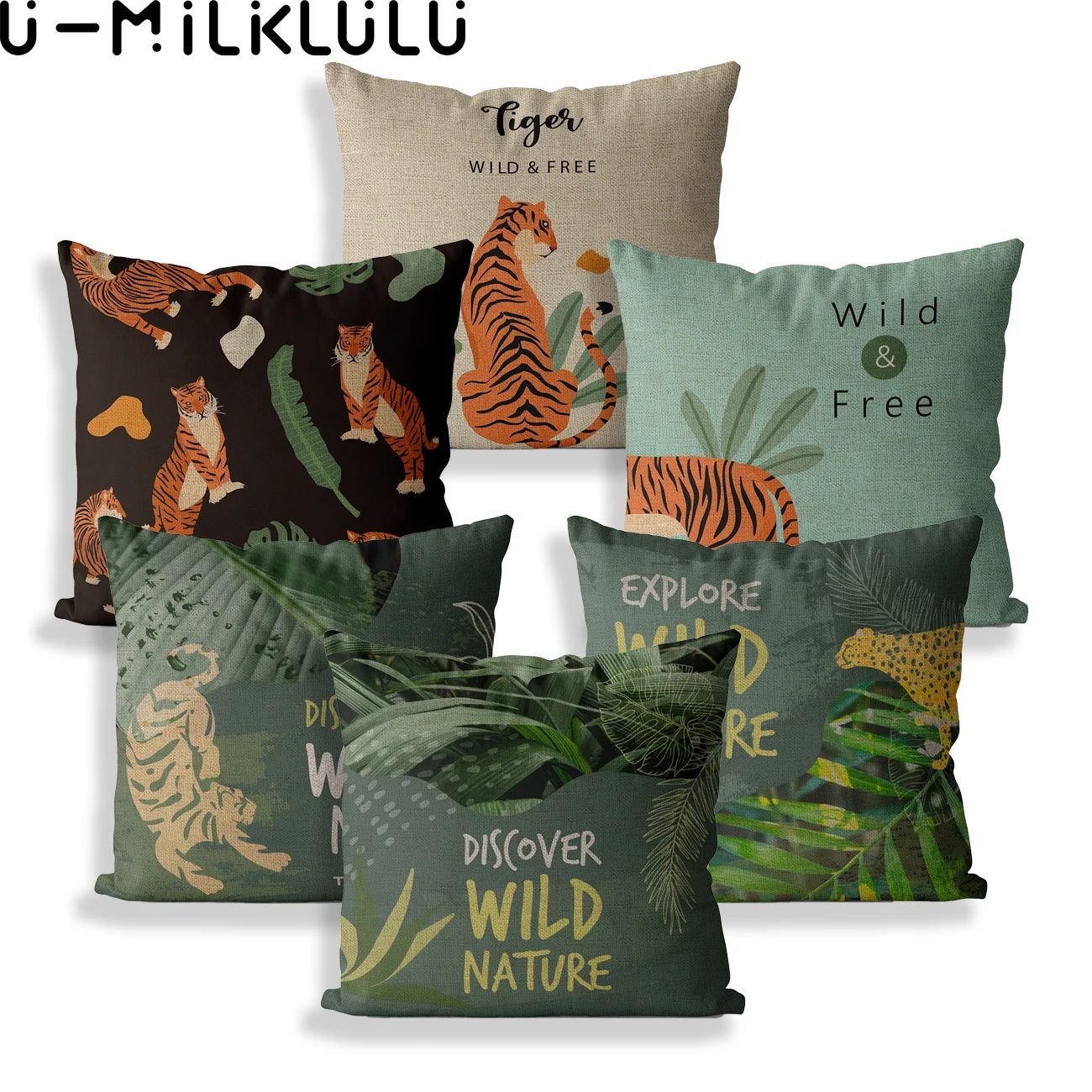 Housse de coussin décorative, taie d'oreiller, tigre, plantes tropicales, Style Animal, 45x45, 40x40, sauvage, pour la maison, en lin, pour chambre à coucher, automne  (0)