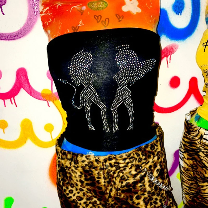 Summer 2020 Angel Devil Rhinestones Crop Tube Top Women Sexy Strapless Skinny Tops Tees Punk Harajuku Girls Street Bandeau | Женская