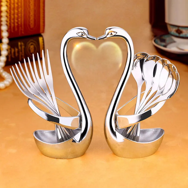 airbell stainless steel cutlery spoon fork holder dinnerware swan fruit base salad coffee flatware tableware kitchen gadget sets free global shipping