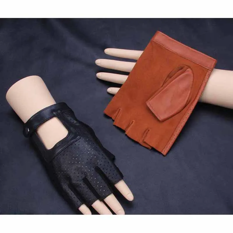 Мужские кожаные перчатки без пальцев Goatskin унисекс Guantes фитнес с половиной пальца упражнения вождения противоскользящие, из дышащей ткани перчатки черные