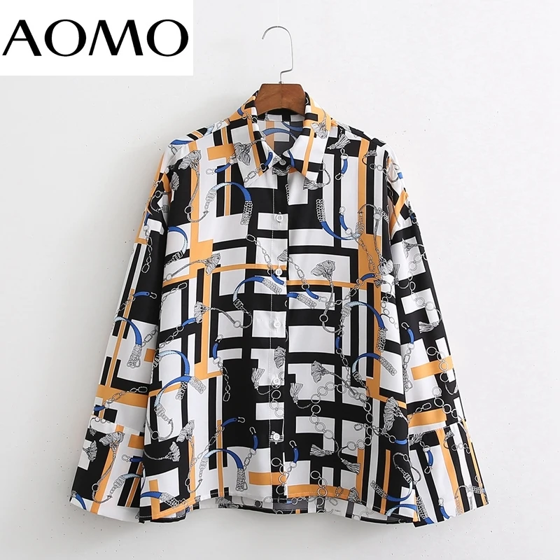

Женская винтажная рубашка AOMO с принтом цепей и длинными рукавами 2022 шикарная Женская свободная рубашка в стиле High Street 1D466A