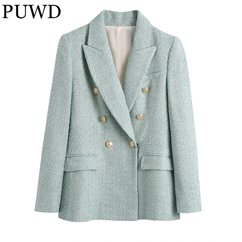 

Приталенная Женская текстурированная двубортная блузка PUWD, модель 2021 на осень/зиму, шерстяная уличная одежда, однотонный Повседневный шика...