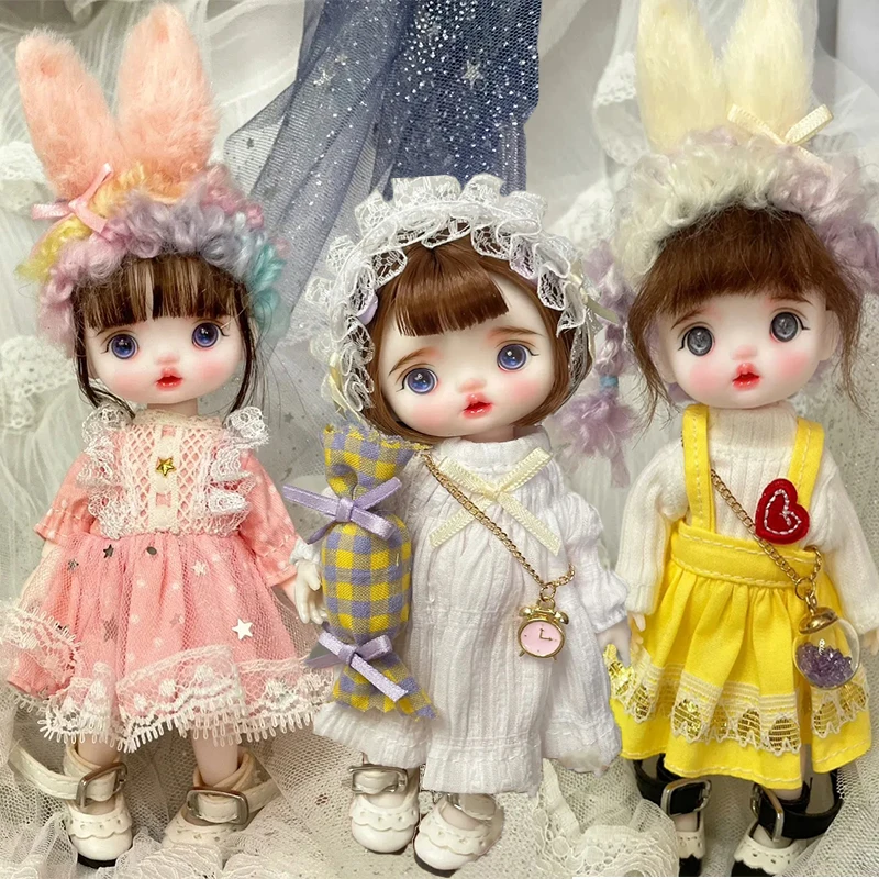 

16cm Wig Bjd Doll 13 Movable Joint Doll Hand Make UP bjd Toy with Dress Cute Round Face Mini Bjd Dolls Birthday Gift for Girl
