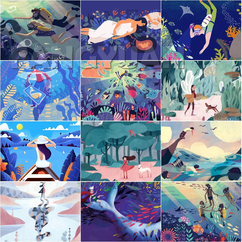 

Cartoon Scenery Diy Diamond Embroidery Paimnting Comics Illustration Diamond Mosaic Rhinestone Wall Art Picture Home Decor Gift
