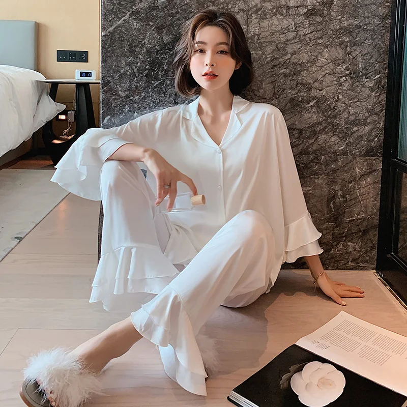 

Women 2PCS Pajamas Suit Spring New Flare Sleeve Trouser Suits Homewear Sleep Set Loose Casual Silk Satin Sleepwear Home Clothing