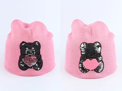 bear dark pink Зимняя шапка для маленьких девочек, зимняя шапка с рисунком медведя, забавная шапка с пайетками, двухслойная теплая вязаная шапка со стразами, шапочки - Цвет: bear dark pink