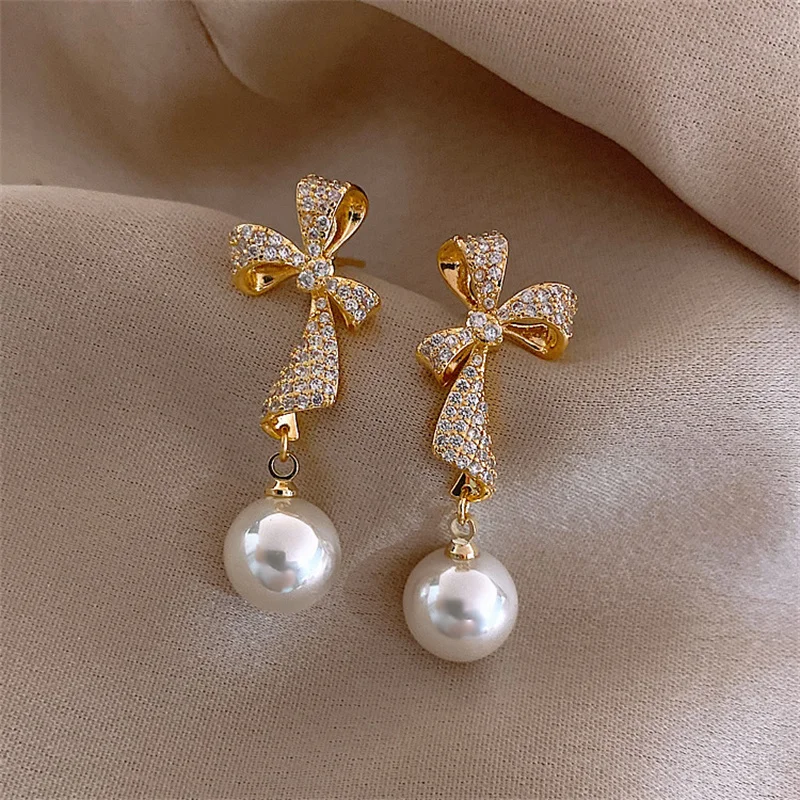 

Temperament Lady Long Bowknot Peal Earrings Gold Color Sparkling Full Zircon For Women Exquisite Wedding Party Jewelry Gifts