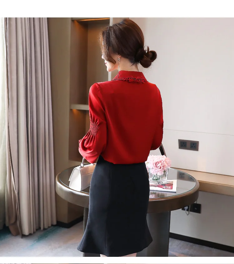 

Houthion Silk Women's Blouses Solid Shirt Casual Long Sleeve Top Loose Summer Fashion Silk Blouse Office Lady Button Full