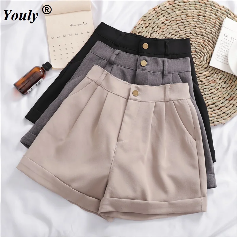 

Шорты женские на молнии с пуговицами и эластичным поясом, популярные повседневные свободные элегантные офисные Короткие штаны с широкими ш...