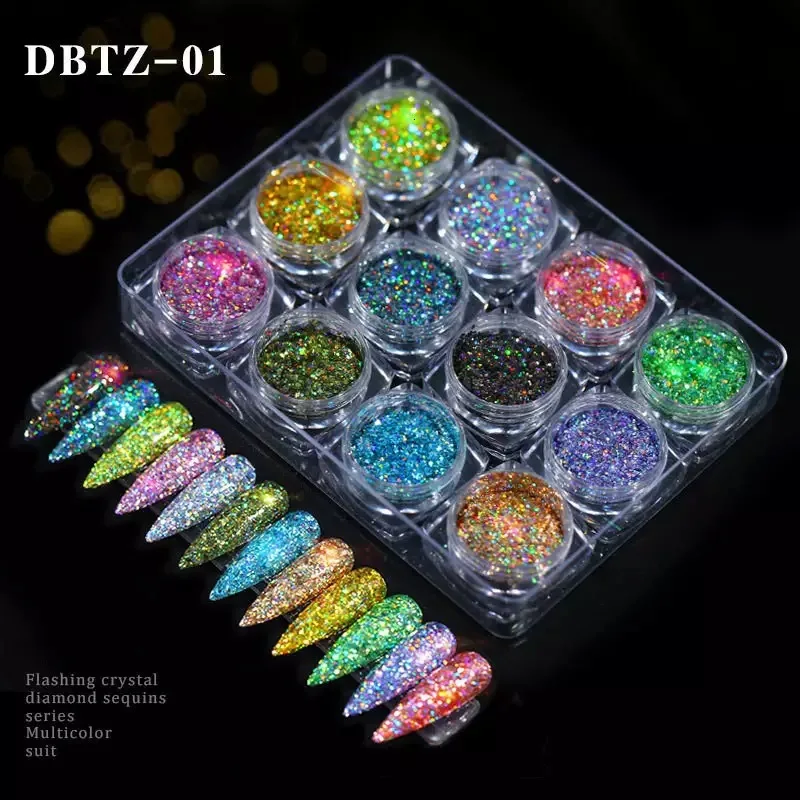 

12box/set Nail Art Glitter Holographic Powder Flashing Crystal Sequins- Glitter Aurora Powder Manicure Pigment For Nail