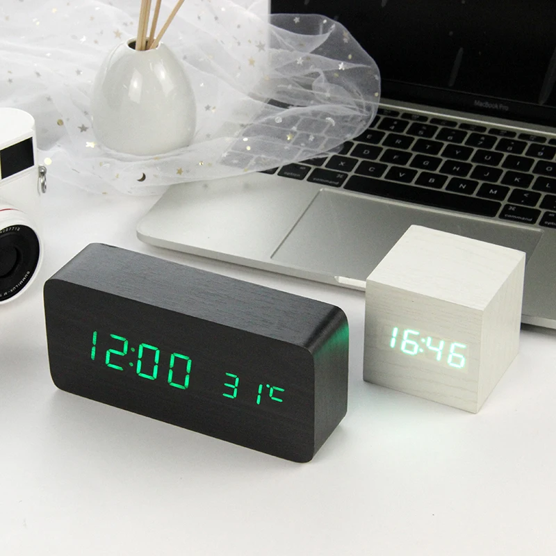 

LED Wooden Alarm Clock Watch Table Voice Control Digital Wood Electronic DesktopPowered Clocks Table Decor USB