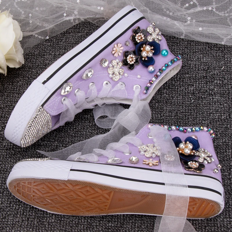 

High top shoes pink heart-shaped lace purple canvas shoes Crystal diamond women's casual shoes flat sole pierced wedding shoes
