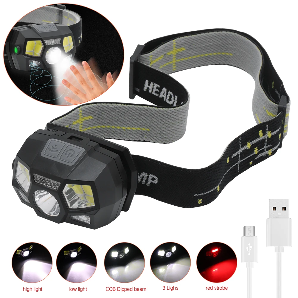 Online MINI Linterna Frontal LED XPE + COB, Con Sensor De Movimiento, Ultra Brillante, Linterna Impermeable Recargable Por USB