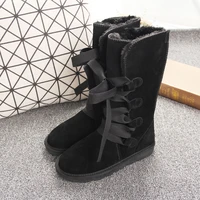high top round head warm snow boots leather large bow long boots