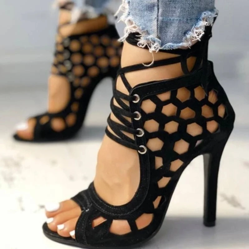 

2021 Women Thin Heels Shoes Summer New Snakeskin Pattern Stitching Pumps Thin Belt Combination Roman Lace Up Sandals