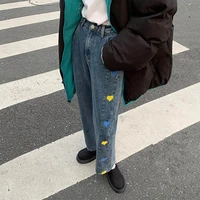 jeans men and women autumn and winter korean version of the new love high waist slim straight pants loose wide leg pants