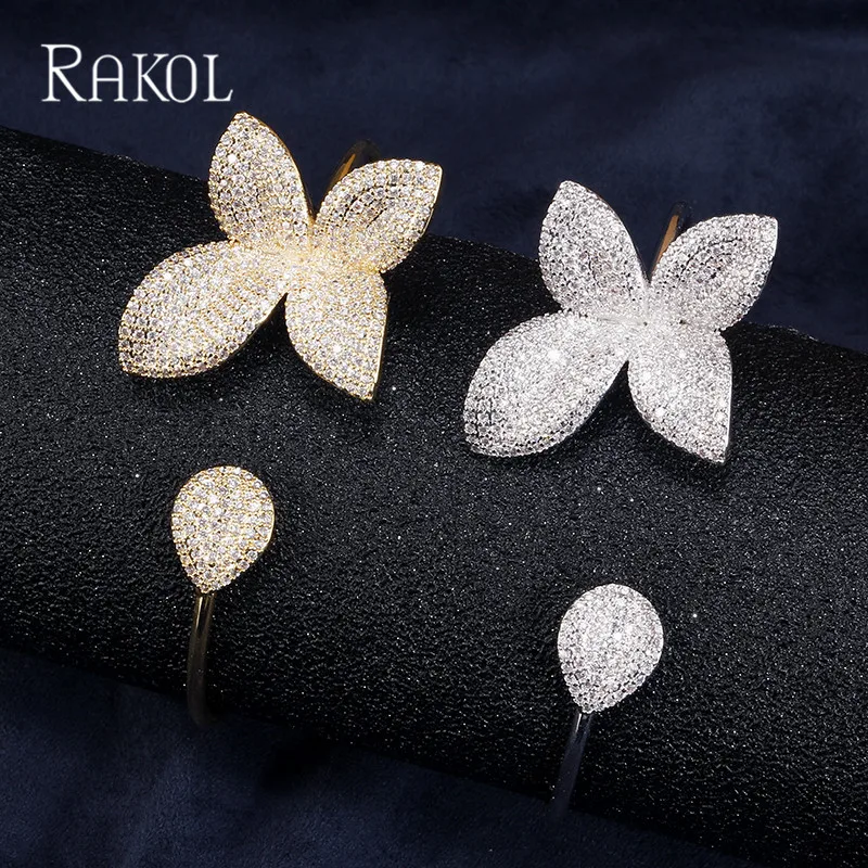 RAKOL New Fasjopm Butterfly Shaped Cubic Zirconia Big Flower Bracelet&ampBangle For Women Wedding White Gold Color Bridal Jewelry |