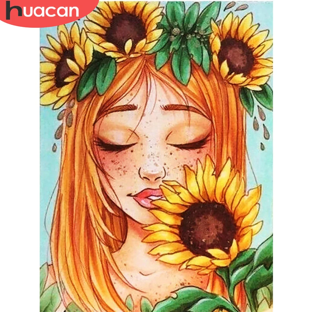 HUACAN полный квадрат Алмазная картина девушка Стразы вышивка мозаика Подсолнечник