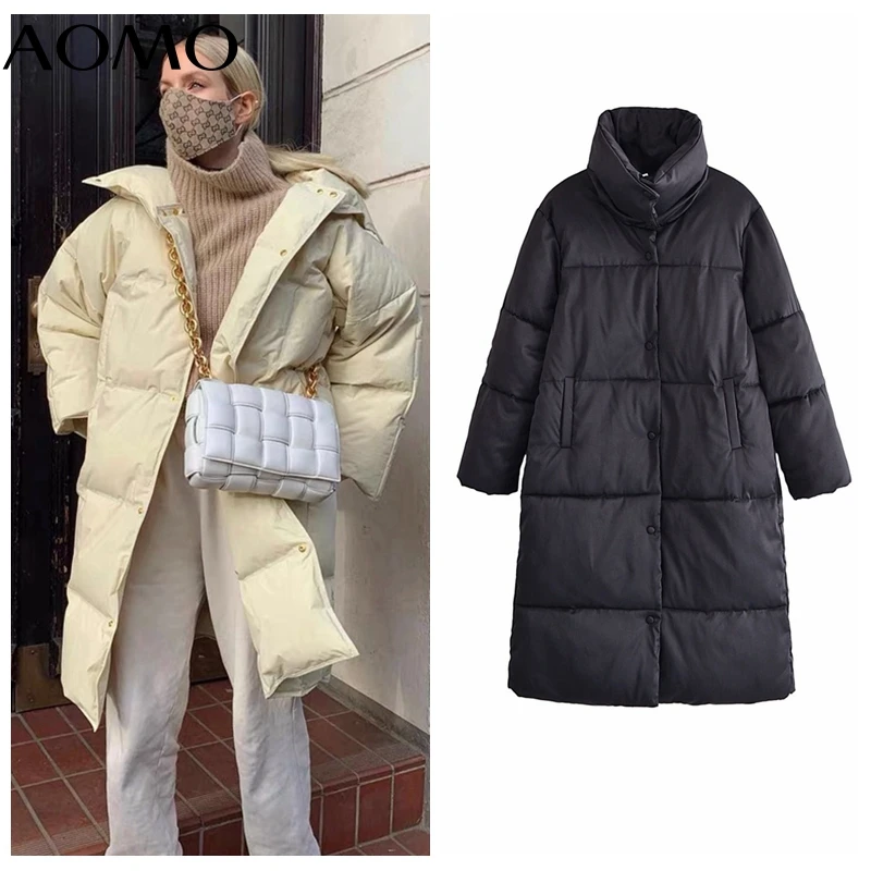 

Женская зимняя парка AOMO QN57A, белая длинная хлопковая куртка на молнии с воротником-стойкой, свободная теплая уличная одежда