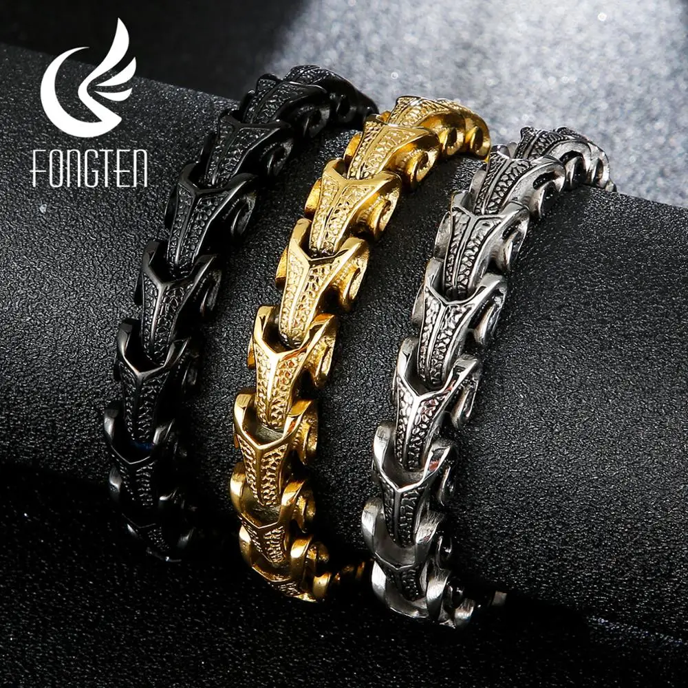 Fongten-pulsera Punk de acero inoxidable para hombre, cadena de eslabones con diseño de serpiente y Dragón, Color negro, dorado y plateado, estilo vikingo, 316L