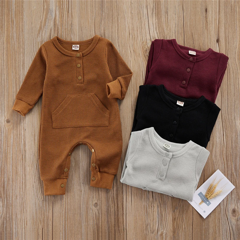 

Newborn Baby Toddler Long Sleeve Rompers Boy Girl Waffle Snap Round Neck Solid Color Jumpsuit With Pocket Black Grey Khaki