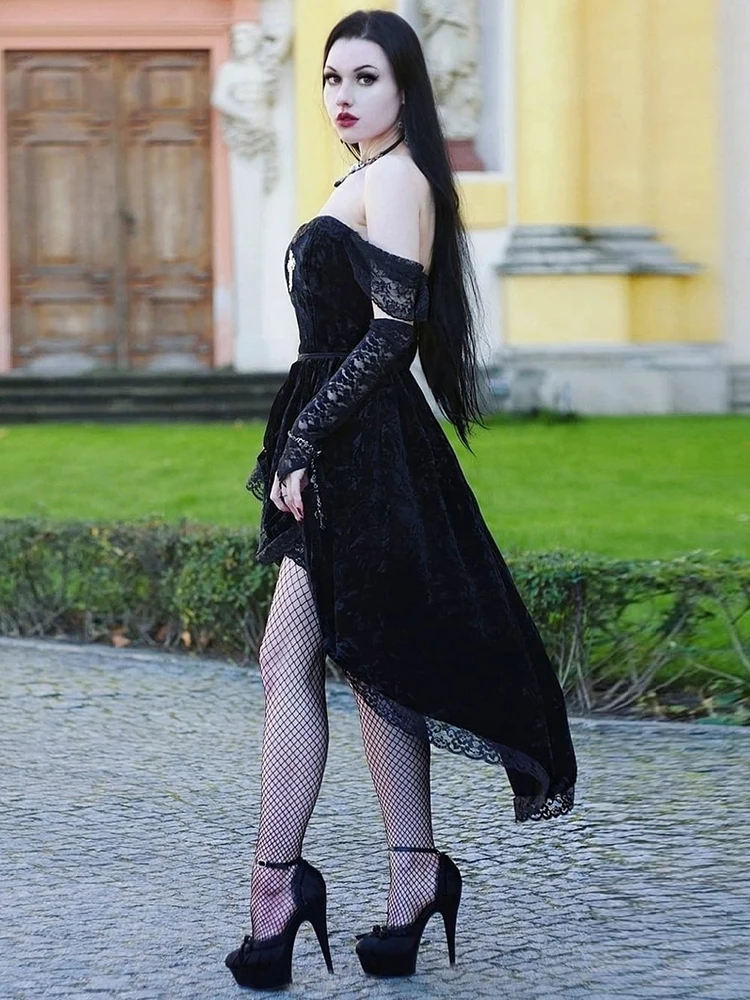 Винтажное бархатное платье-миди с открытыми плечами и кружевом | Женская одежда