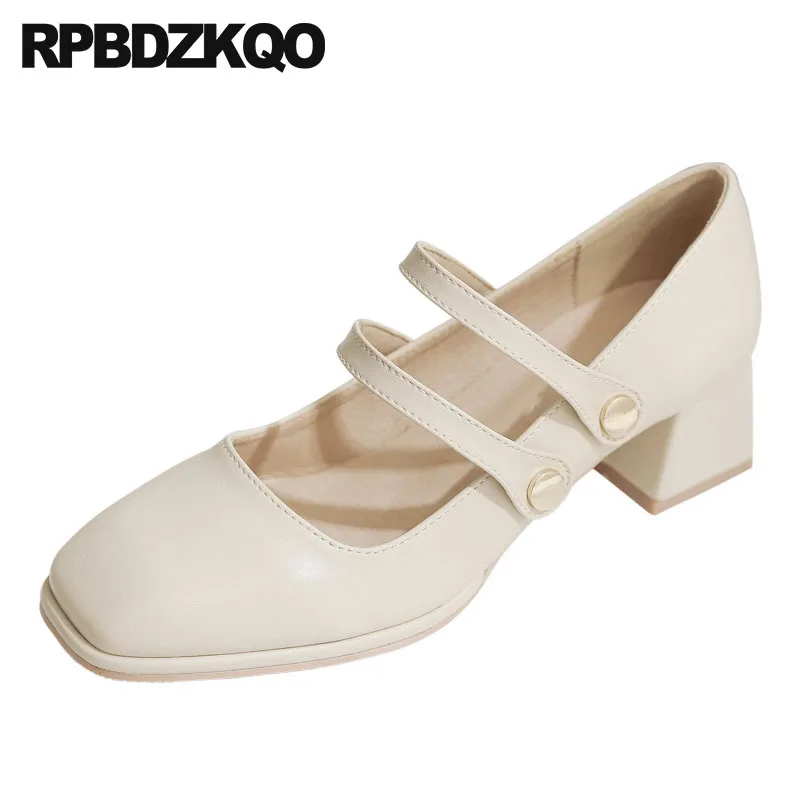 насосы ремень женщина марочный бежевый 2021 Мэри Джейн Квадратный носок Каблук